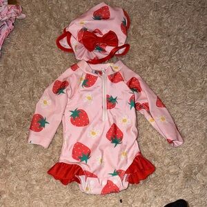 Pink Strawberry Baby Swimsuit with Hat
